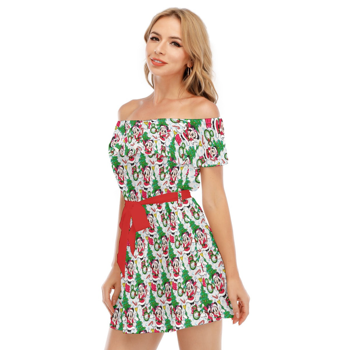Santa Mouse with Sparkle - Women's Off-shoulder Ruffle Dress