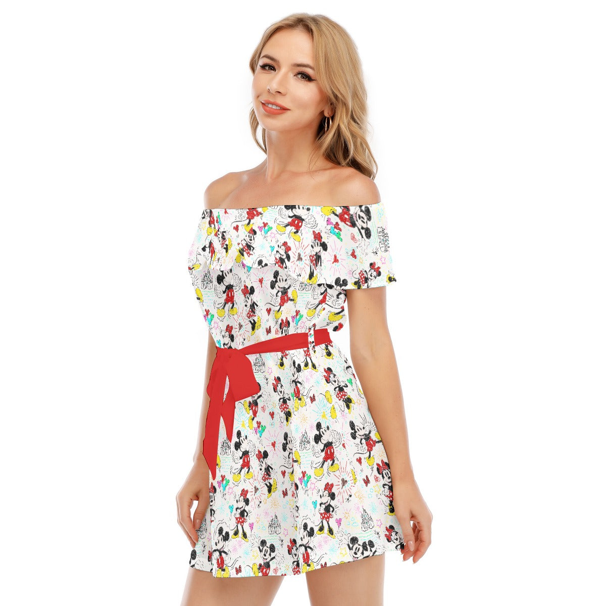 Doodle Mouse Magic - Women's Off-shoulder Ruffle Dress