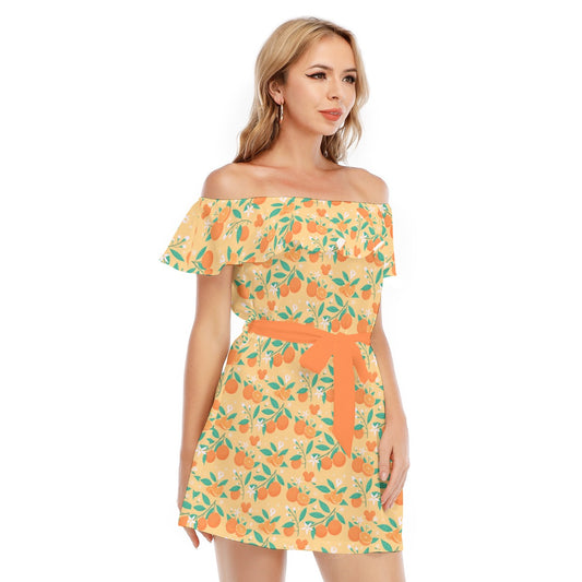 Hidden Citrus Delight - Women's Off-shoulder Ruffle Dress