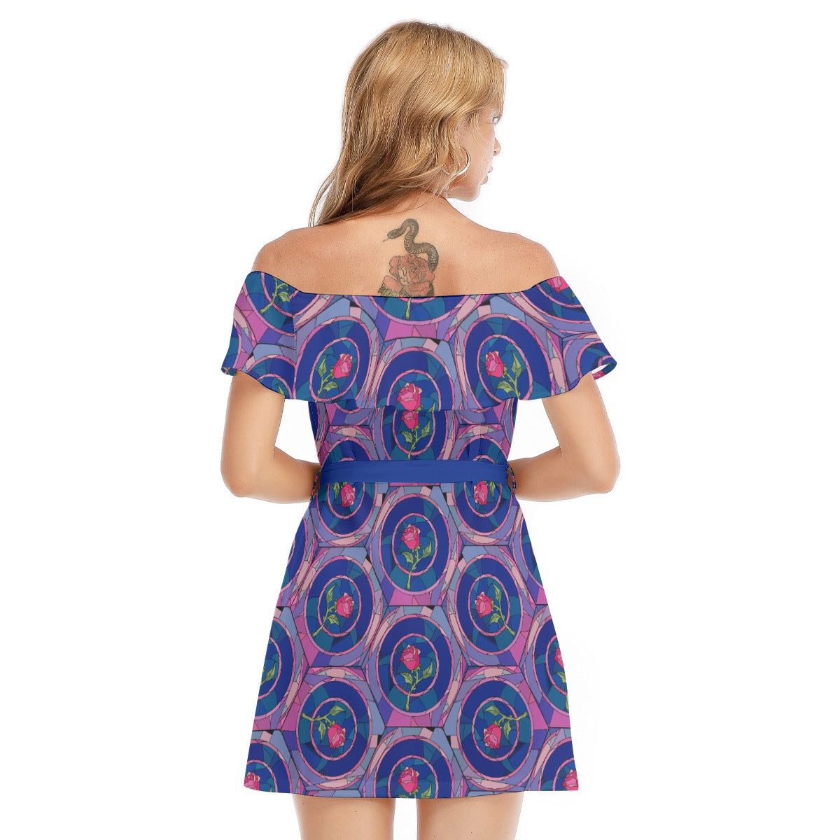 Enchanted Rose Stained Glass - Women's Off-shoulder Ruffle Dress