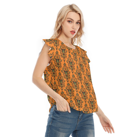 Haunted Halloween Mansion Wallpaper - Women’s Flutter Sleeve Top