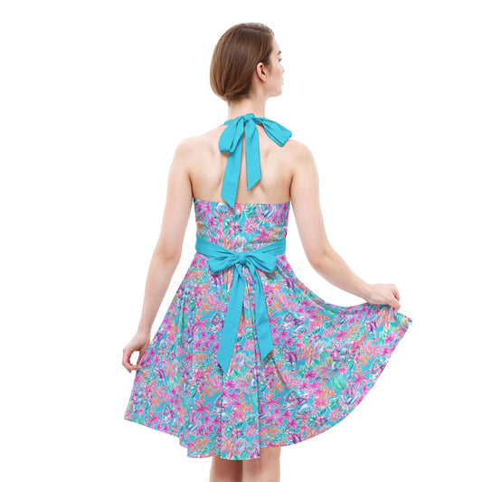Tropical Bloom Fiesta - Playful Duoluto - Women's Halter Vintage Pocket Dress