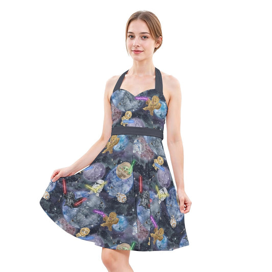 Watercolor Cosmic Battle - Women's Halter Vintage Pocket Dress