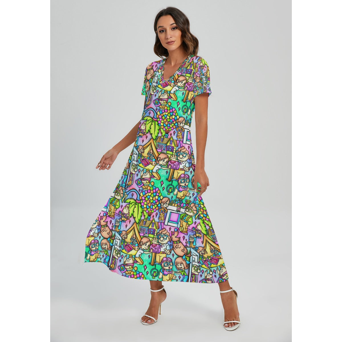 Balloon House Adventure Scenes - Women's V-Neck Side Split Maxi Dress