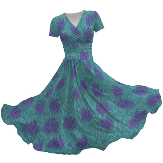 Turquoise Monster Spots - Women's V-Neck Ruched Midi Dress