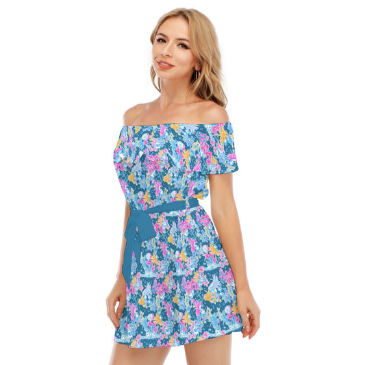 Bright Tropical Whimsy - Vintage Steamboat Captain - Women's Off-shoulder Ruffle Dress