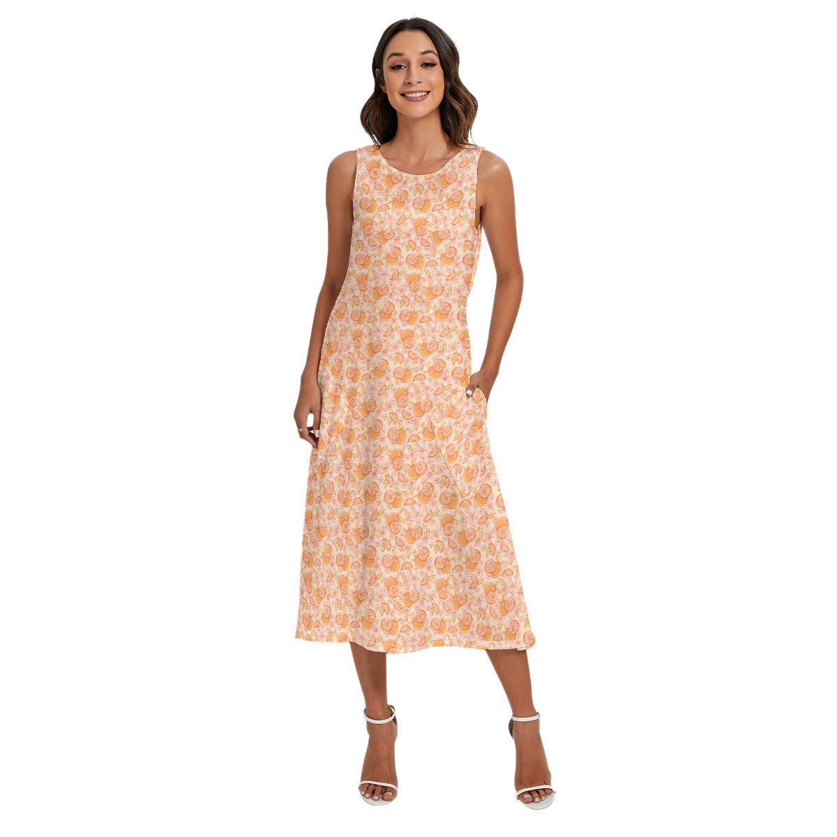 Summer Fruits - Oranges - Women’s Diagonal Pocket Midi Dress