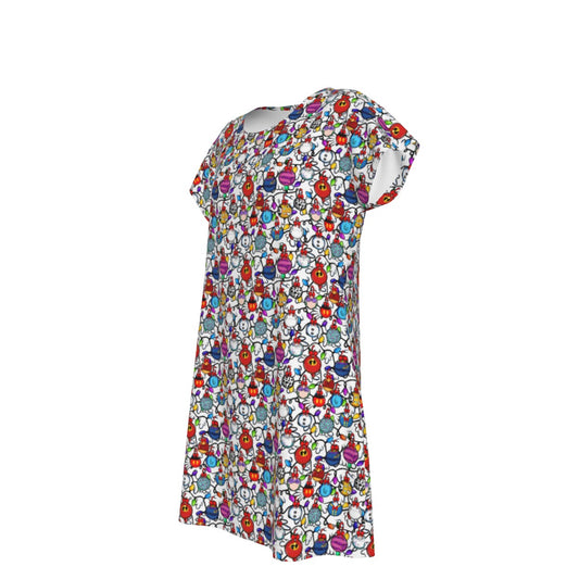 Festive Character Baubles on White - Women's T-Shirt Dress