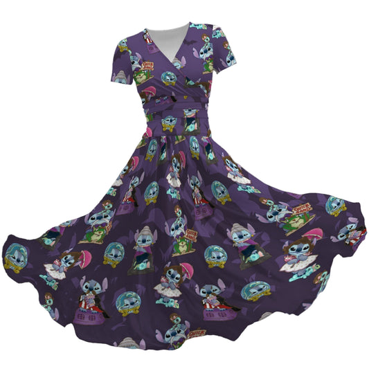 Haunted Alien Portraits - Women's V-Neck Ruched Midi Dress
