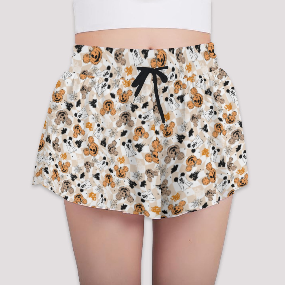 Checkered Halloween Ghosts & Pumpkinskins - Girls’ Flowy Pocket Shorts
