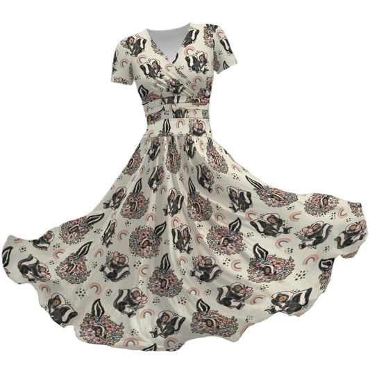 Bashful Blooming Skunk - Women's V-Neck Ruched Midi Dress