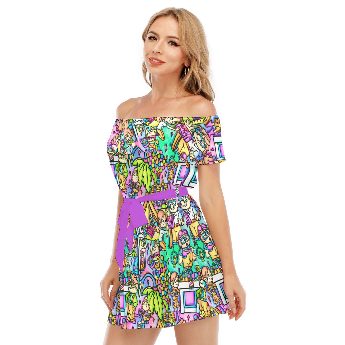 Balloon House Adventure Scenes - Women's Off-shoulder Ruffle Dress