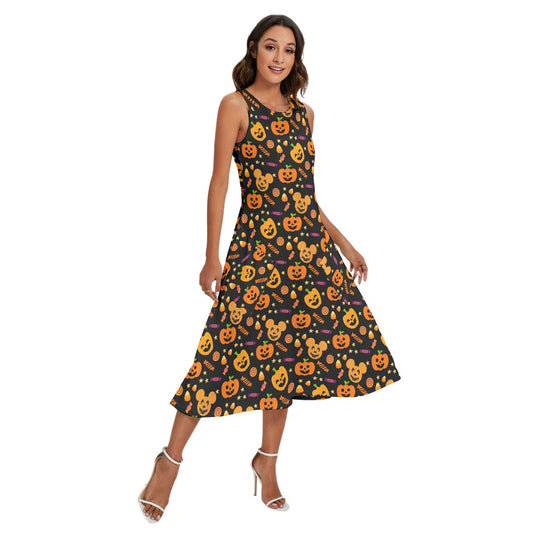 Cheerful Pumpkin Mouse Halloween - Women’s Diagonal Pocket Midi Dress
