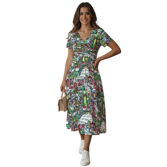Whimsical Village Winter Wonderland - Women's V-Neck Ruched Midi Dress