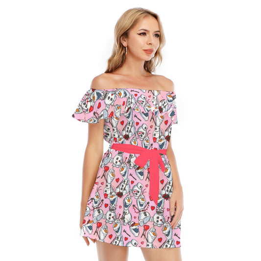 Sketched Snowman Valentine’s Day - Women's Off-shoulder Ruffle Dress