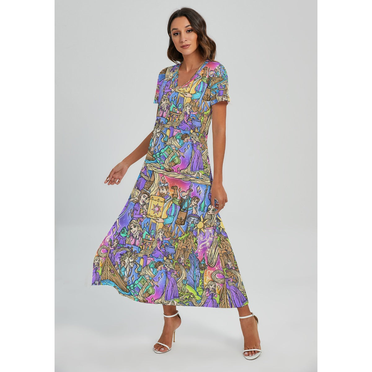 Golden Hair Storybook Scenes - Women's V-Neck Side Split Maxi Dress