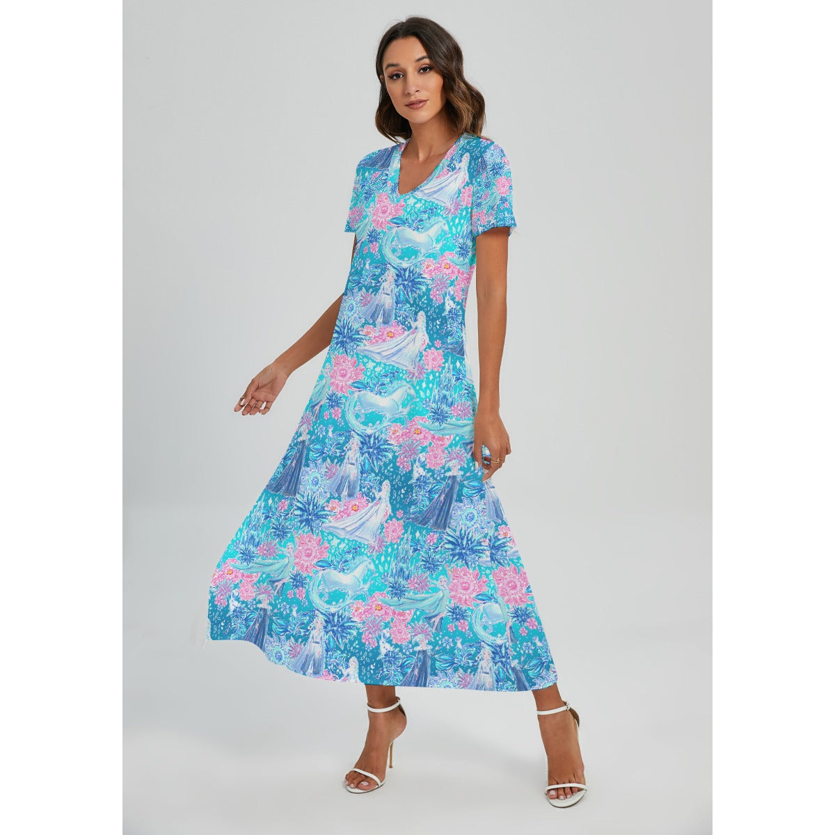 Ice Queen Frosted Florals - Women's V-Neck Side Split Maxi Dress