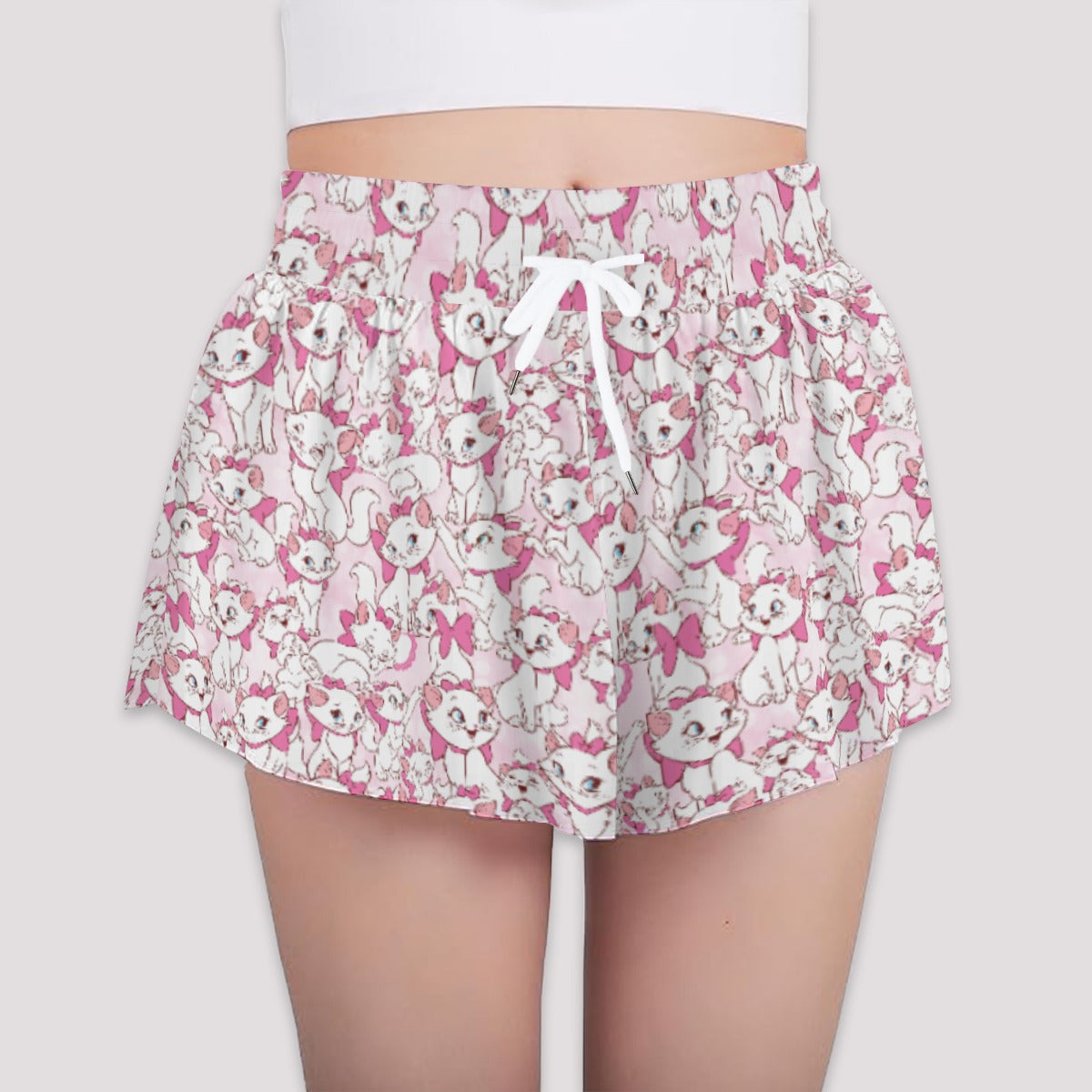 Sweet Kitten with Pink Bow - Girls’ Flowy Pocket Shorts