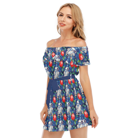Little Blue Christmas Droid - Women's Off-shoulder Ruffle Dress