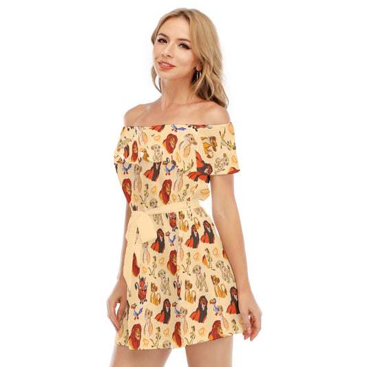 Sketched Savanna Friends - Women's Off-shoulder Ruffle Dress