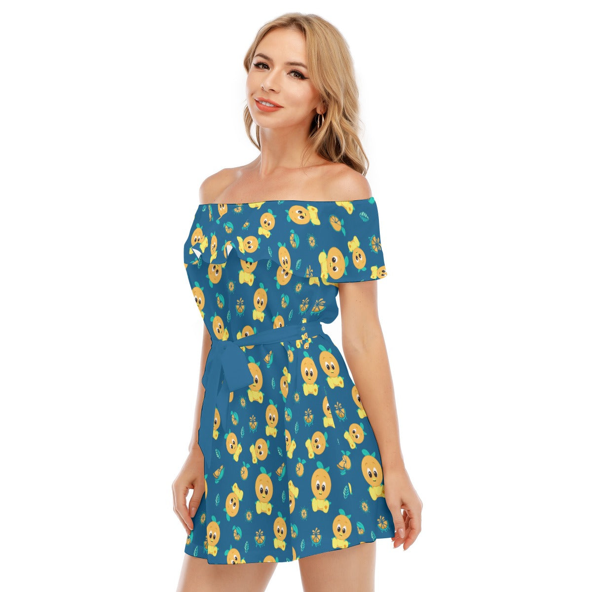 Cheerful Citrus Bird - Women's Off-shoulder Ruffle Dress