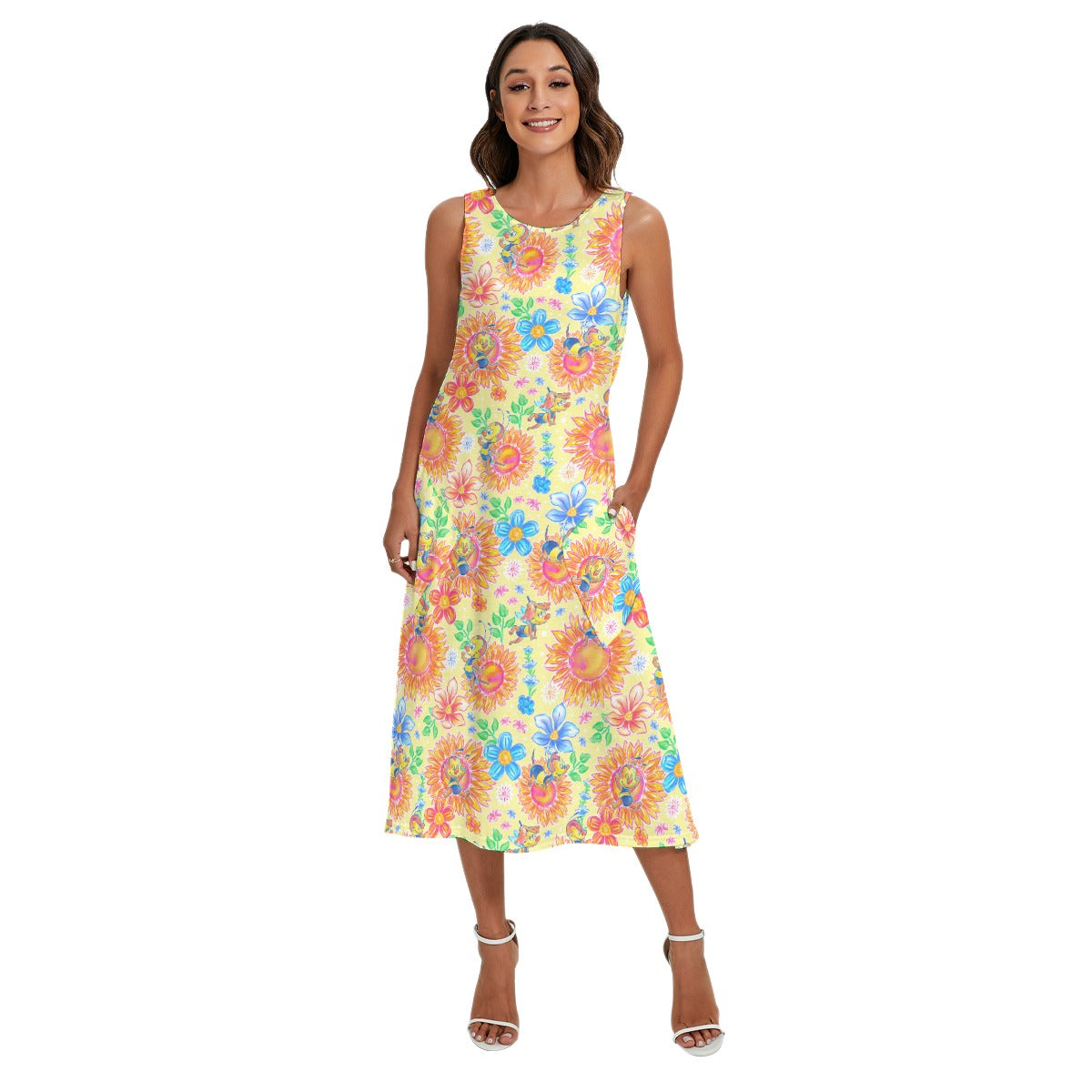 Buzzing Garden Buddy - Women’s Diagonal Pocket Midi Dress