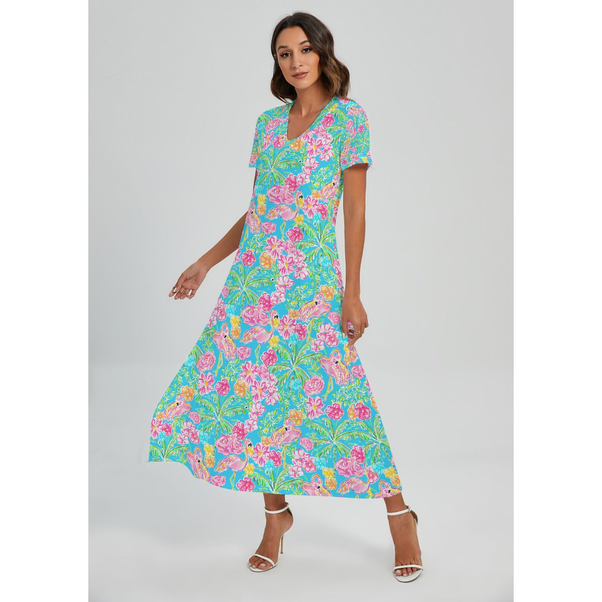Flamingo Fiesta - Women's V-Neck Side Split Maxi Dress