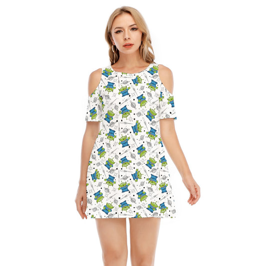 Playful Green Aliens on White - Women's Cold Shoulder Cotton Dress