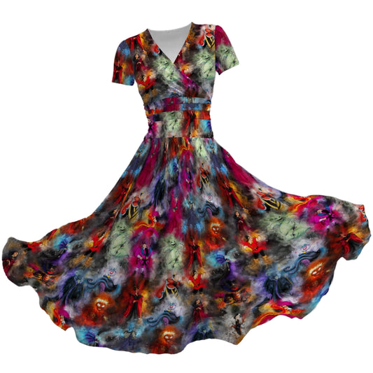 Watercolor Wicked Villains - Women's V-Neck Ruched Midi Dress