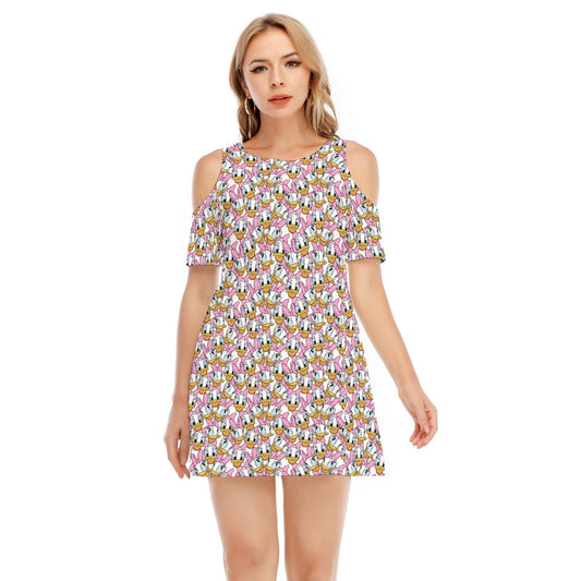 Many Faces of Sassy Duck - Women's Cold Shoulder Cotton Dress