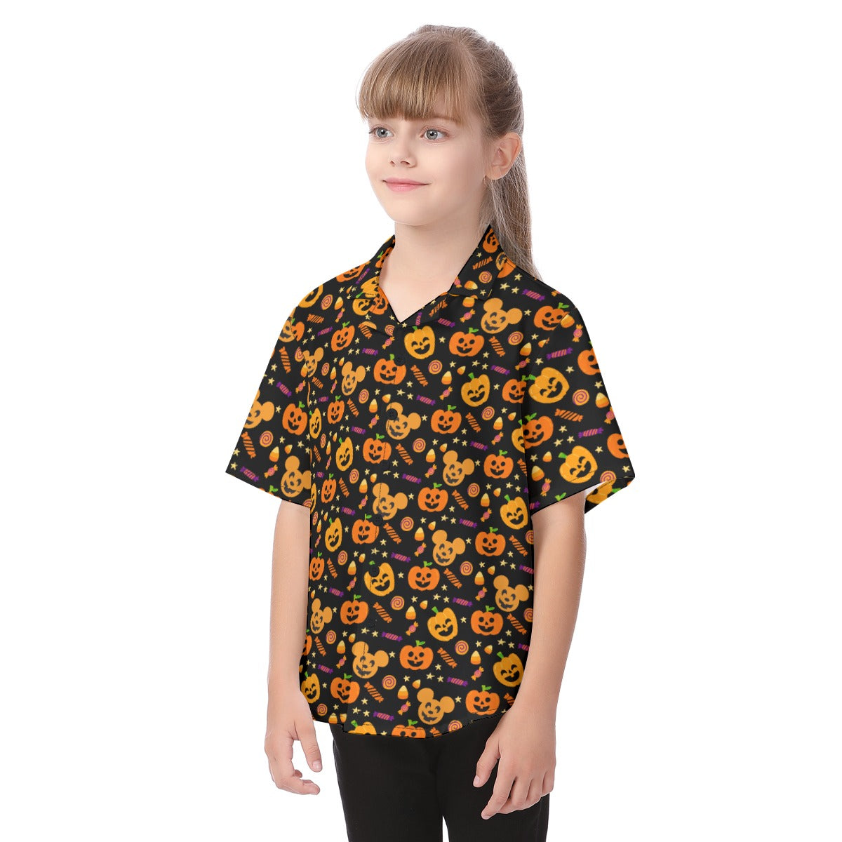 Cheerful Pumpkin Mouse Halloween - Kid's Hawaiian Button Up Shirt