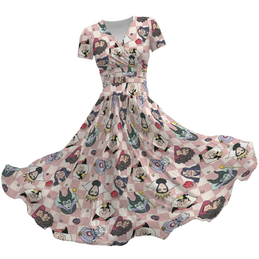 Pink Checkerboard Villains - Women's V-Neck Ruched Midi Dress