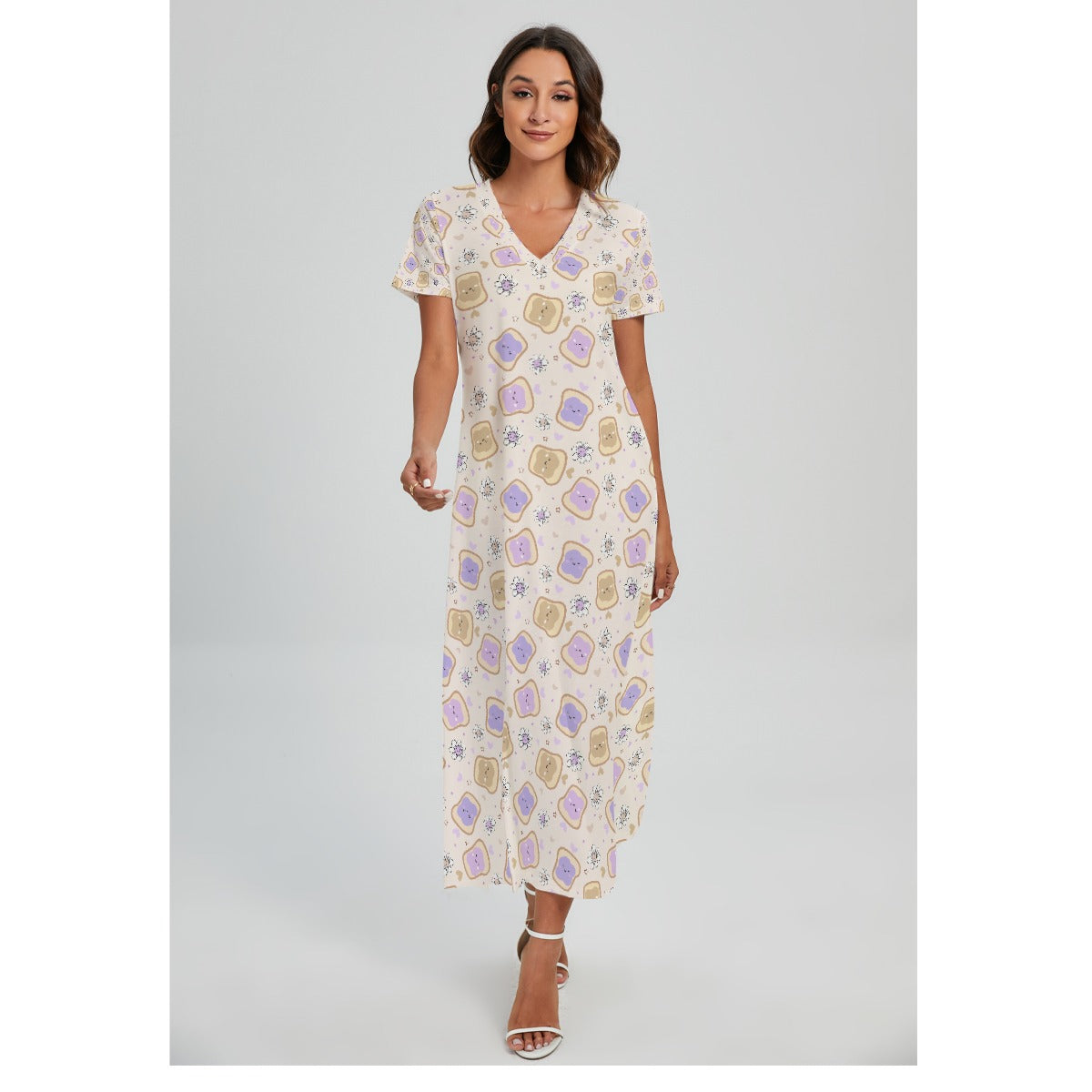 Kawaii Peanut Butter and Jelly Sandwiches - Women's V-Neck Side Split Maxi Dress