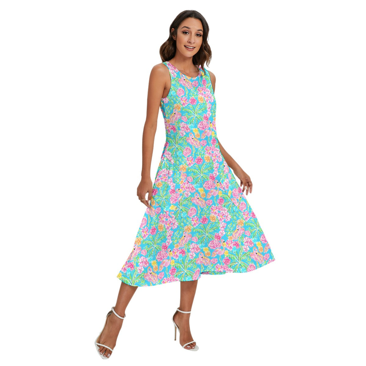 Flamingo Fiesta - Women’s Diagonal Pocket Midi Dress