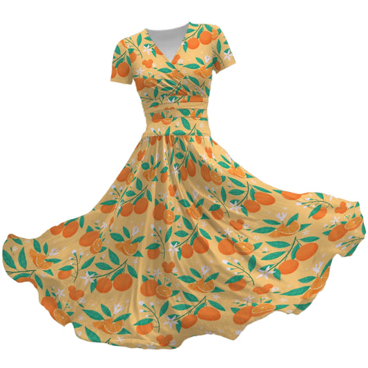 Hidden Citrus Delight - Women's V-Neck Ruched Midi Dress