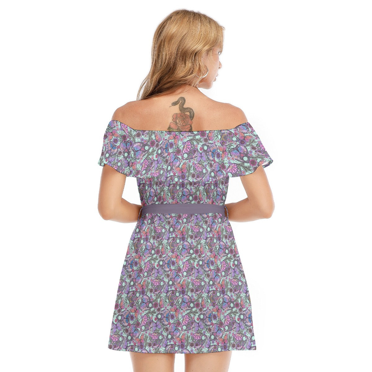 Butterfly Planchettes - Women's Off-shoulder Ruffle Dress