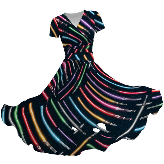 Vibrant Galaxy Sabers - Women's V-Neck Ruched Midi Dress
