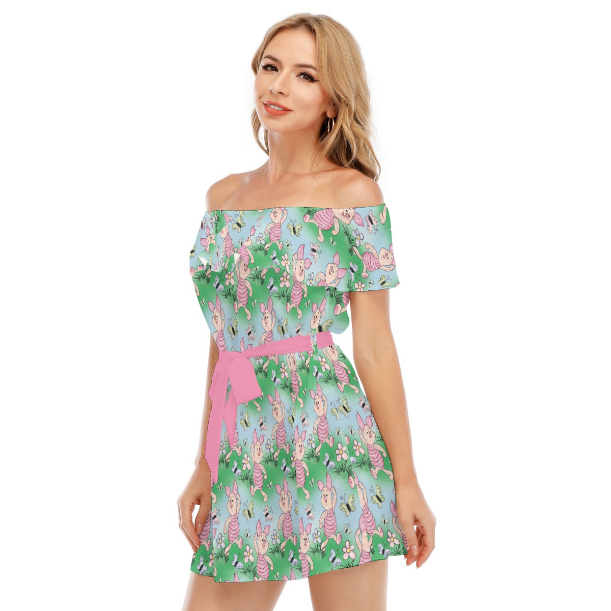 Sketched Shy Friend and Butterflies - Women's Off-shoulder Ruffle Dress