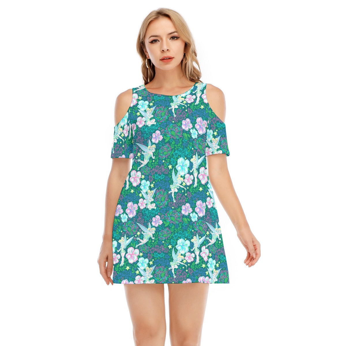 Pixie in Neon Blooms - Women's Cold Shoulder Cotton Dress