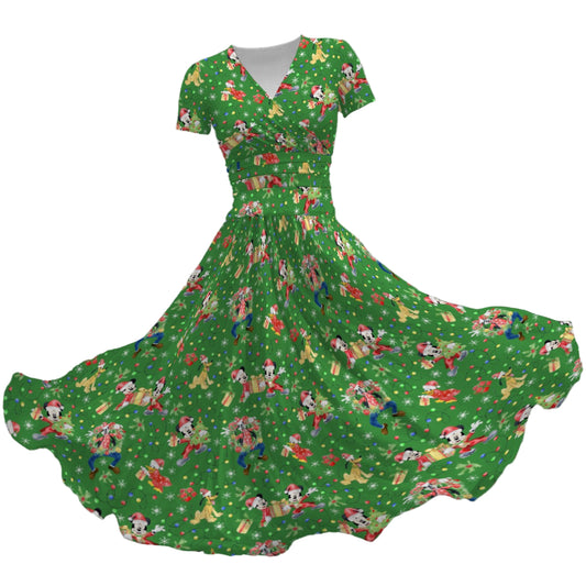 Mouse & Friends Christmas Cheertmas - Women's V-Neck Ruched Midi Dress