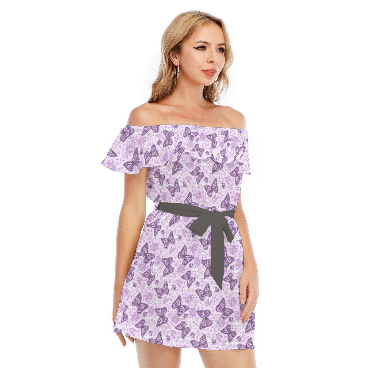 Lavender Butterflies - Women's Off-shoulder Ruffle Dress