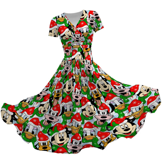 Mouse Friends in Santa Hats - Women's V-Neck Ruched Midi Dress