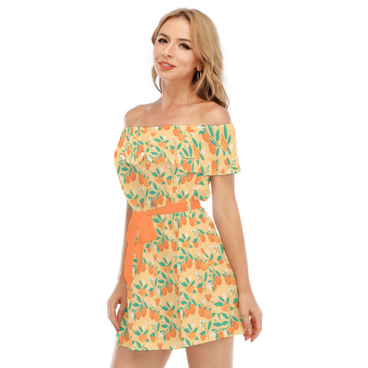 Hidden Citrus Delight - Women's Off-shoulder Ruffle Dress