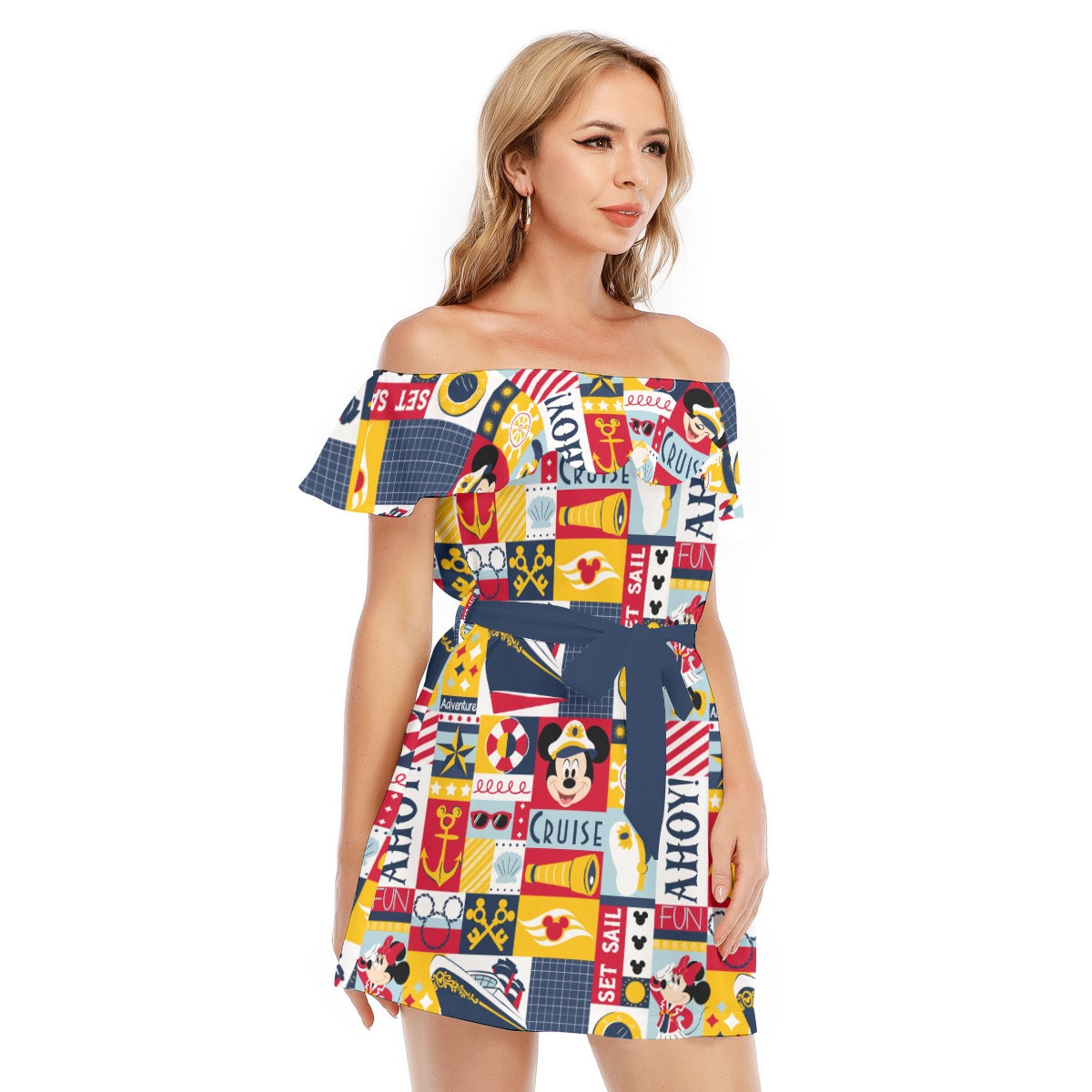 Nautical Cruise Patchwork - Women's Off-shoulder Ruffle Dress