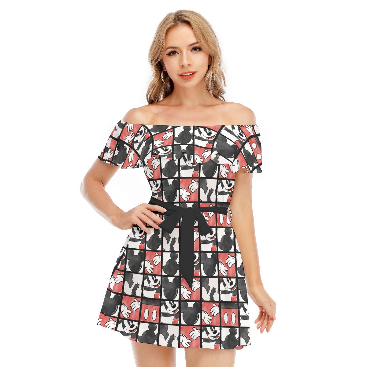Mouse Block Party - Women's Off-shoulder Ruffle Dress