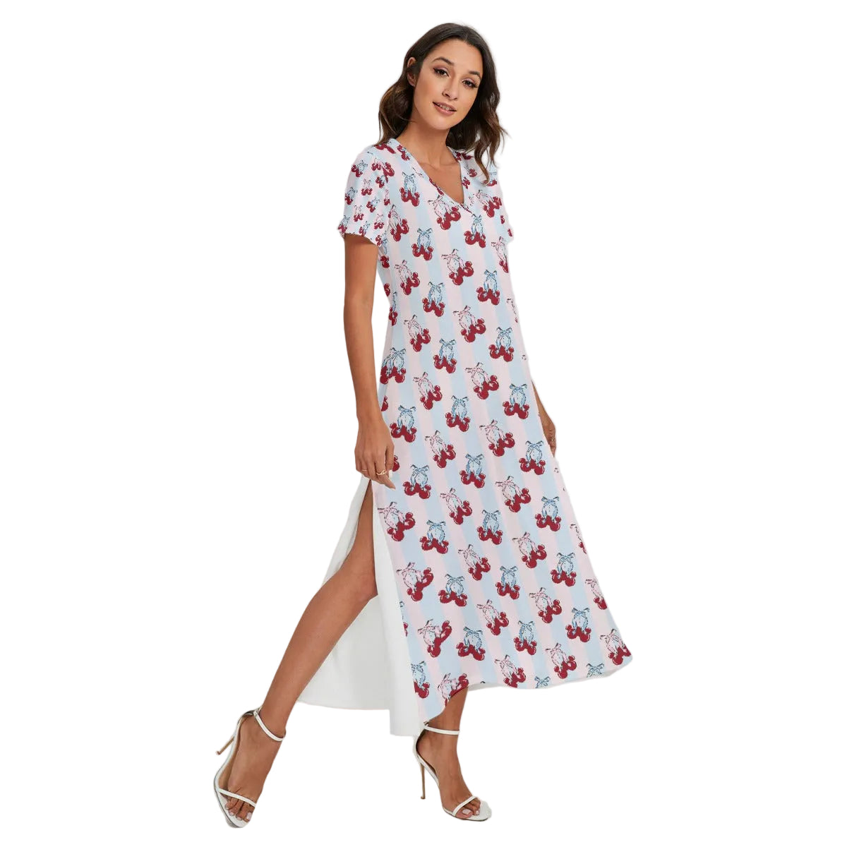 Cherry Ear Bows - Women's V-Neck Side Split Maxi Dress