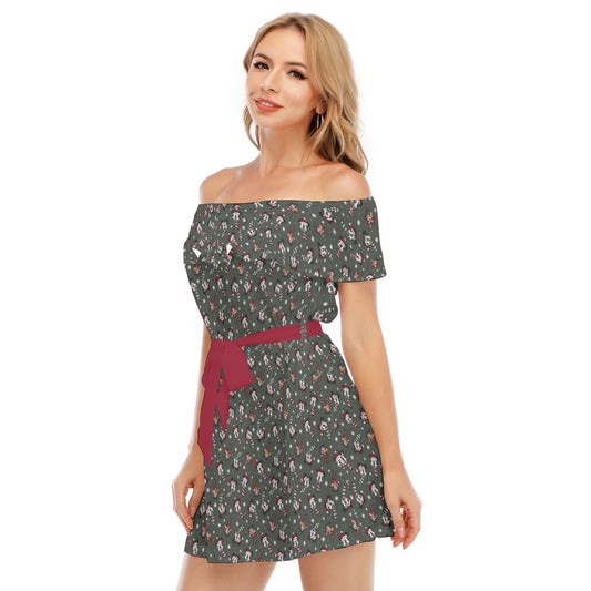 Vintage Holiday Friends - Women's Off-shoulder Ruffle Dress