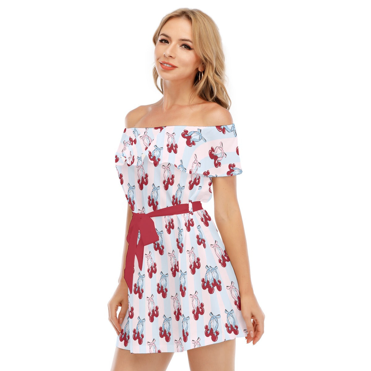 Cherry Ear Bows - Women's Off-shoulder Ruffle Dress