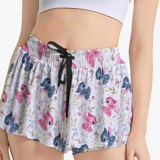Blue Alien & Pink Friend Love - Women's Flowy Pocket Shorts