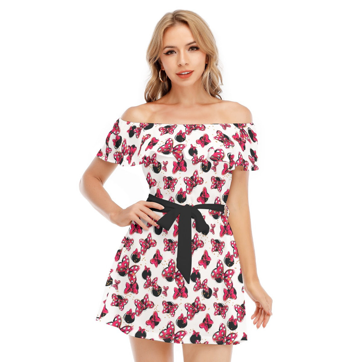 Polka Dot Bows & Mouse Ears - Women's Off-shoulder Ruffle Dress
